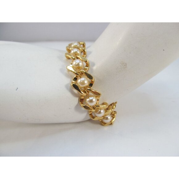 Vintage Napier Goldtone Faux Pearl Link Bracelet - Picture 5 of 9